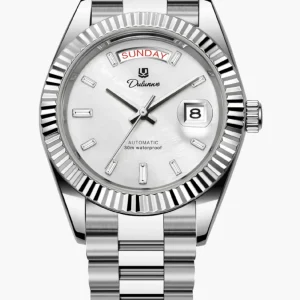 Montre Homme Automatique Classique avec Lunette Cannelée et Affichage Jour-Date