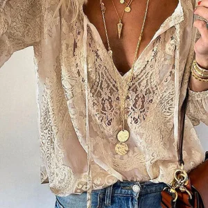 Chemisier femme - Col V Dentelle - Manches longues Aérien Léger - Look élégant Automnal