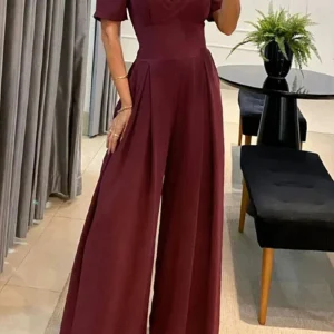 Élégante Combinaison Femme Large Jambe Décolleté en V Manches Longues | Idéal pour l'automne