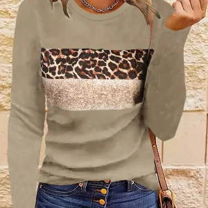 Chemise à manches longues imprimée léopard pour femme - Idéale pour l'automne