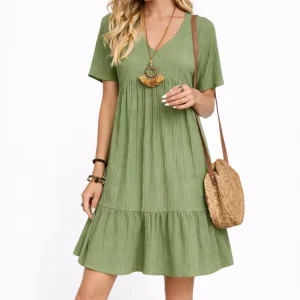 Robe Courte Femme Col V Coupe Fluide – Robe Décontractée Élégante Femme