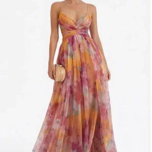 Robe longue élégante femme décolleté v bretelles fines robe soirée fluide imprimé violet