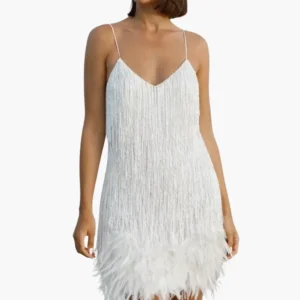 Robe mini femme scintillante à franges – Robe de soirée à sequins avec plumes
