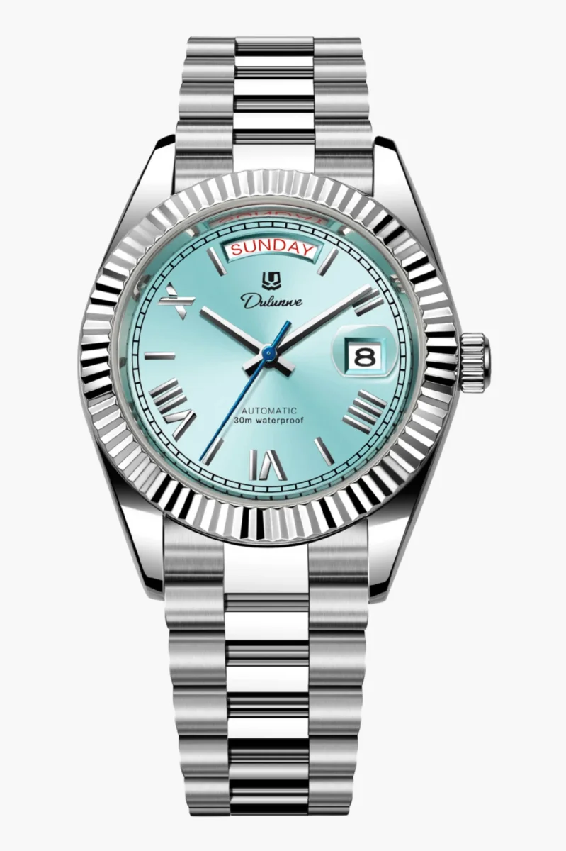 Montre Homme Automatique Classique avec Lunette Cannelée et Affichage Jour-Date – Image 4