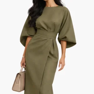 Robe midi élégante femme taille ceinturée manches larges robe chic moderne