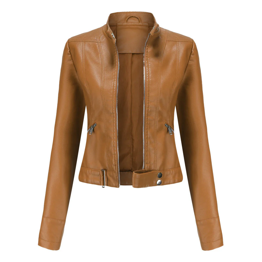 Veste en cuir pour femmes avec fermeture éclair, col montant et ceinture - Édition Automne – Image 3