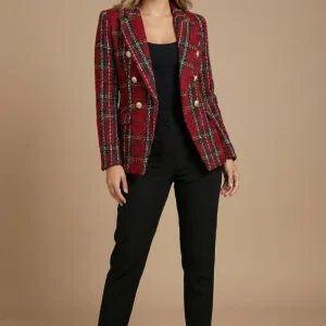 Veste blazer croisée à carreaux pour femme