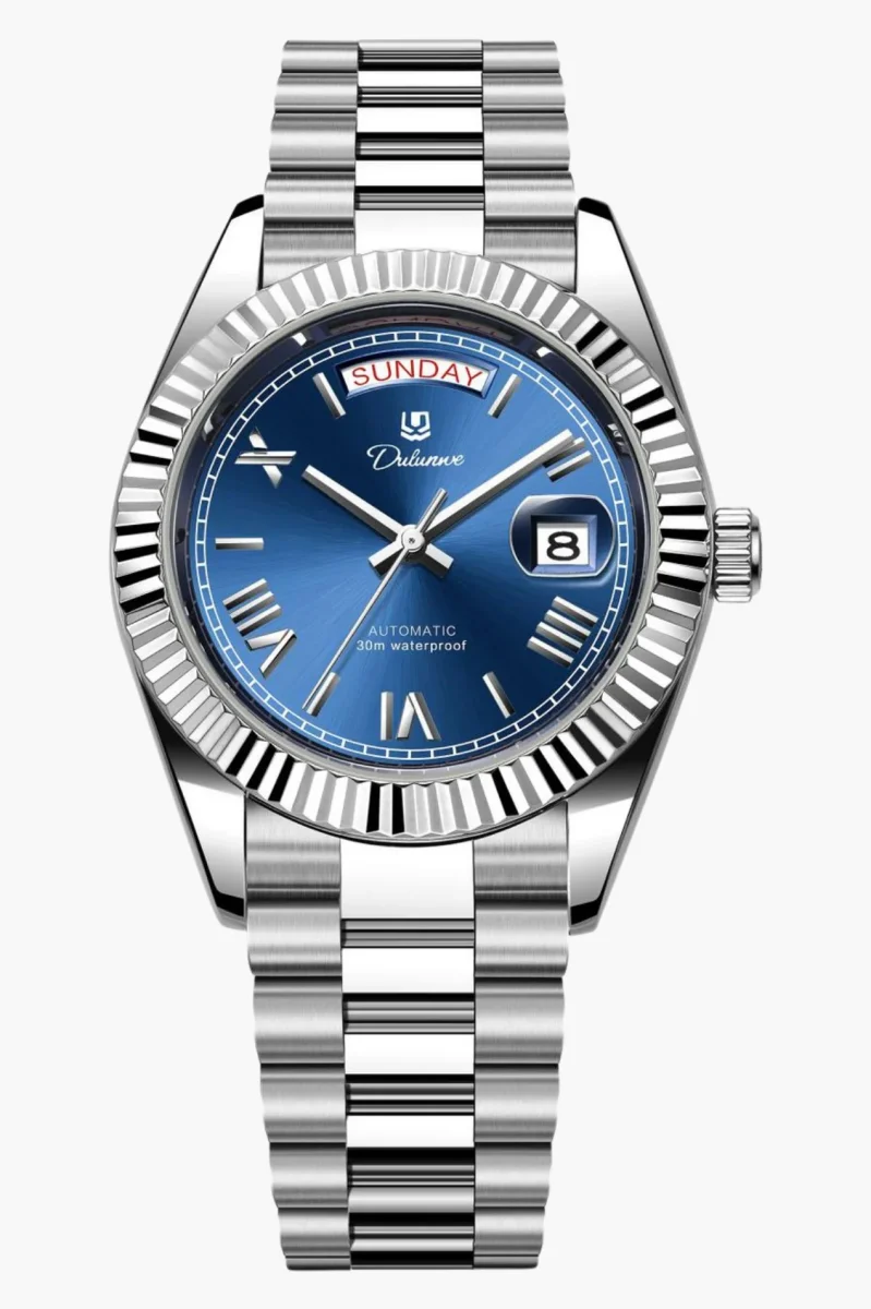 Montre Homme Automatique Classique avec Lunette Cannelée et Affichage Jour-Date – Image 6