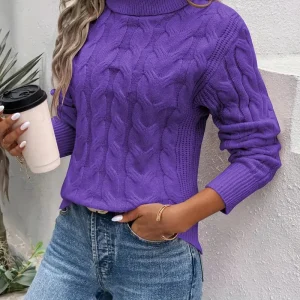 Mila - Pull à col roulé torsadé en laine pour femme, spécial hiver