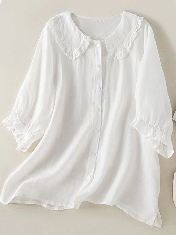 Chemise femme en coton et lin avec col Peter Pan froncé, idéale pour l'automne – Image 3