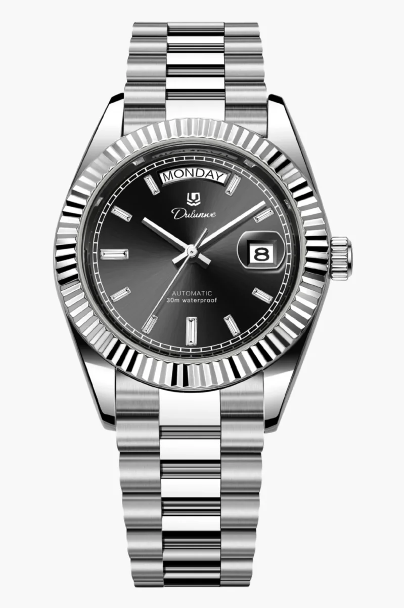 Montre Homme Automatique Classique avec Lunette Cannelée et Affichage Jour-Date – Image 7