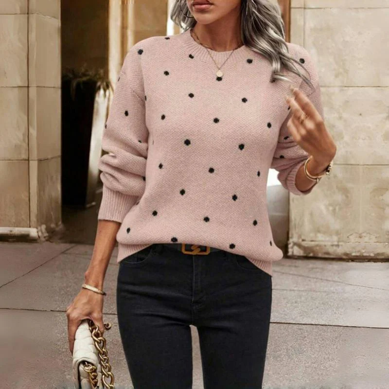 Pull tricoté à pois - Col rond beige doux – Image 9