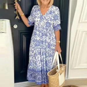 Robe d'été imprimée avec col en V pour femme | Midi