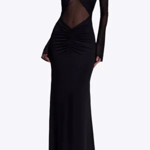 Gillian - Robe longue élégante en maille croisée et transparente pour femme, spéciale automne