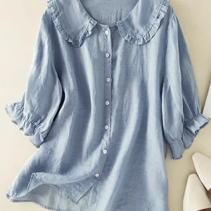 Chemise femme en coton et lin avec col Peter Pan froncé, idéale pour l'automne