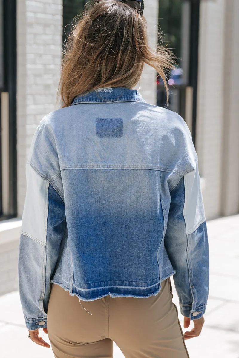 Veste en denim élégante avec patchwork et ourlet effiloché - Automne Femmes – Image 3
