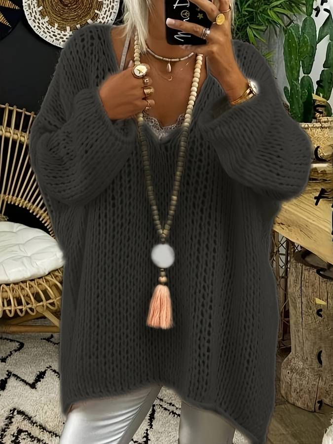 Pull en tricot surdimensionné à col en V pour l'automne – Image 4