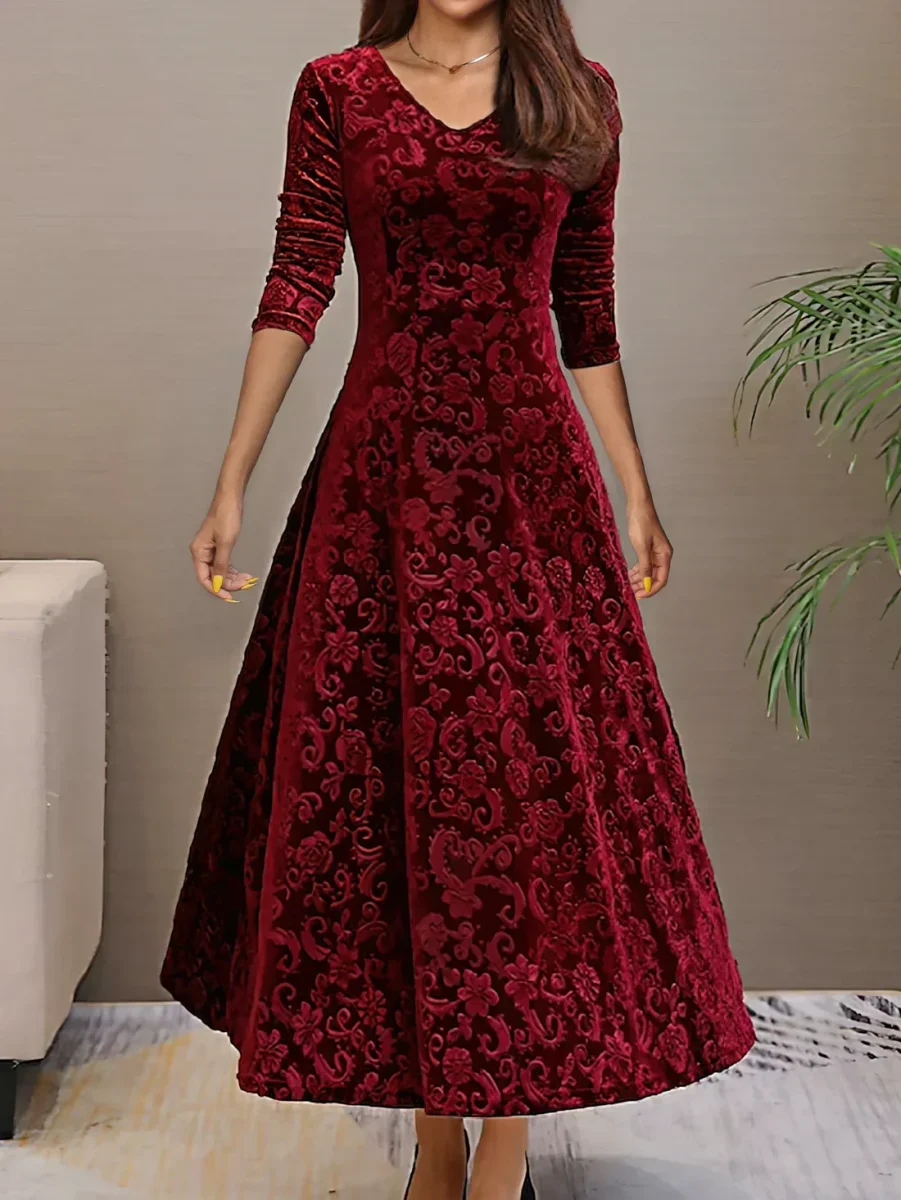 Robe en velours à col en V pour femmes - idéale pour l'automne – Image 8