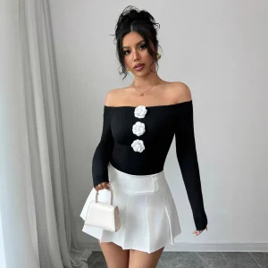 Floralia™ – Top 3D Floral Off‑Shoulder à Manches Longues