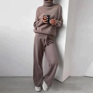Vêtement Femme Ensemble Pull Col Roulé et Pantalon Tricoté