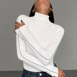 Pull à col roulé pour femme – Maille douce en polyester avec finitions contrastées