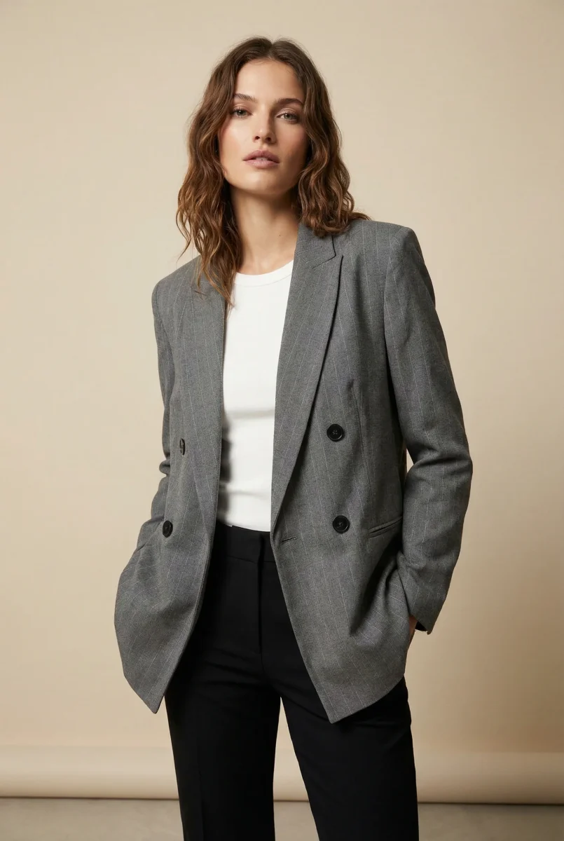 Blazer Femme Chic Gris À Rayures Fines – Image 6