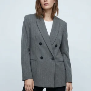 Blazer Femme Chic Gris À Rayures Fines