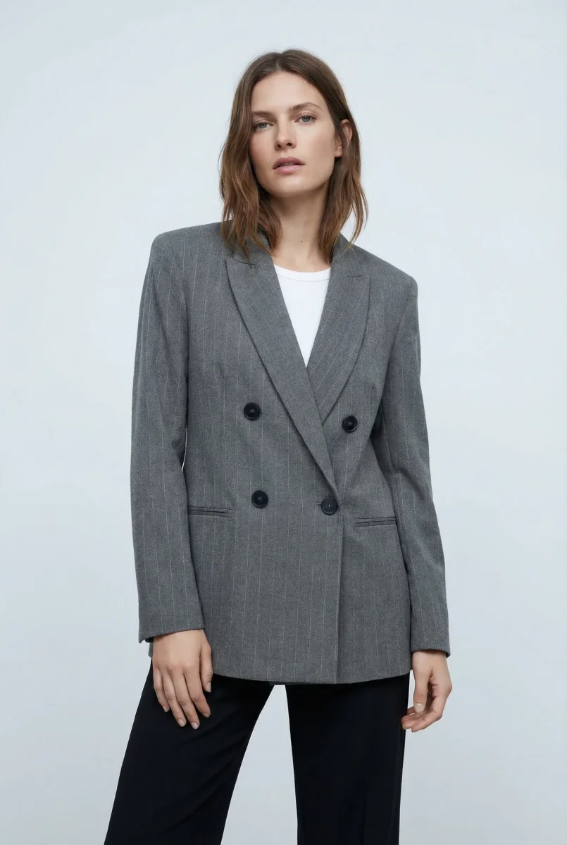 Blazer Femme Chic Gris À Rayures Fines – Image 2