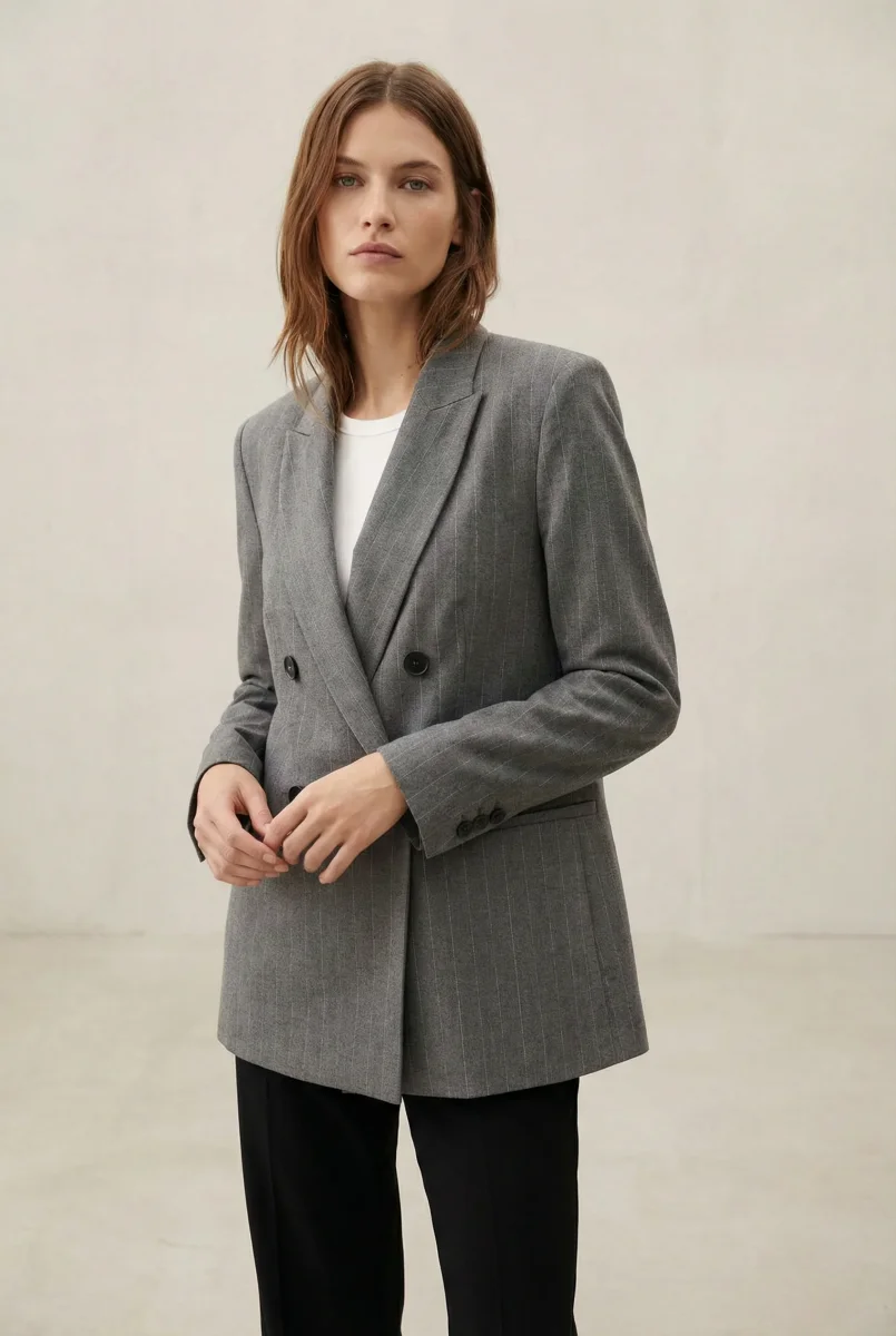 Blazer Femme Chic Gris À Rayures Fines – Image 3