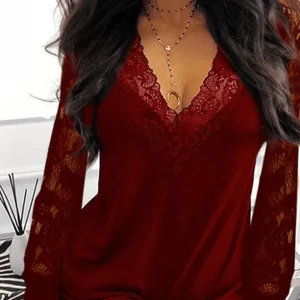 Cocolii hauts unicolore dentelle v-cou manches longues femme élégant mode automne