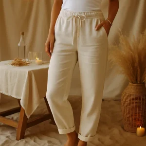 Monica - Pantalon à taille élastique en coton et lin