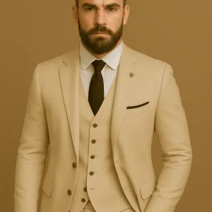 Costume homme beige 3 pièces style classique en polyester - parfait pour mariages et affaires automnales