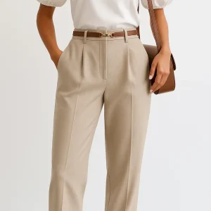 Pantalon large taille haute pour femme – Vêtement de travail en polyester avec ceinture