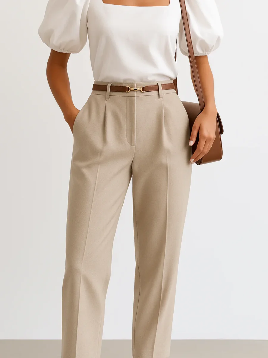 Pantalon large taille haute pour femme – Vêtement de travail en polyester avec ceinture