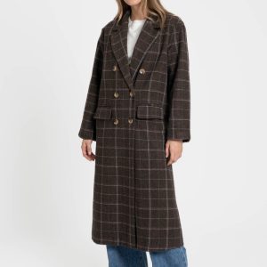 Manteau long croisé femme en coton mélangé marron