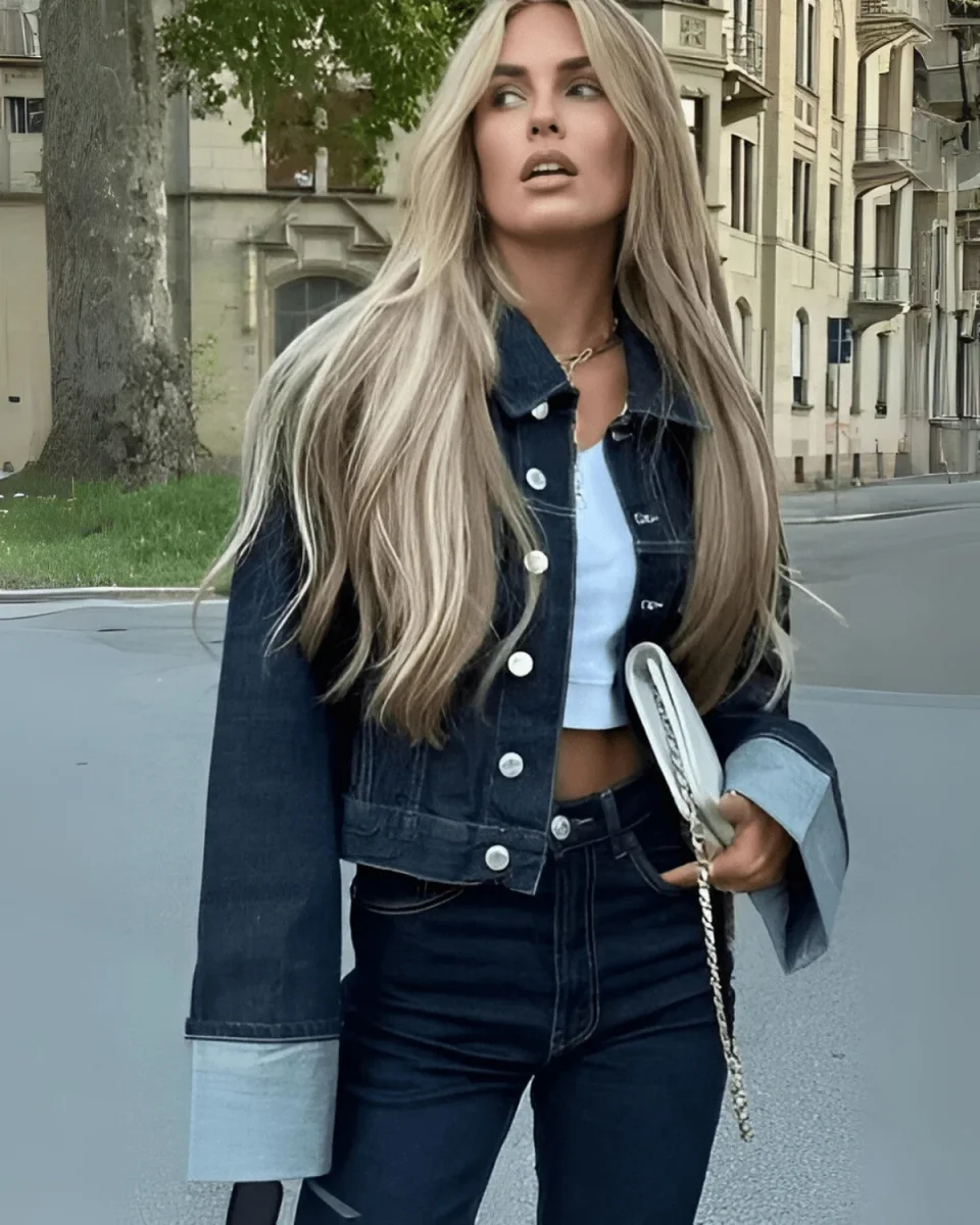 Ensemble deux pièces en denim avec veste en denim et pantalon long - Dames – Image 5