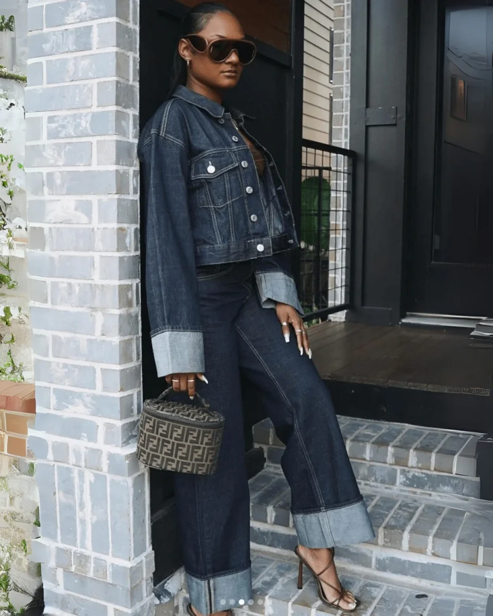 Ensemble deux pièces en denim avec veste en denim et pantalon long - Dames – Image 7