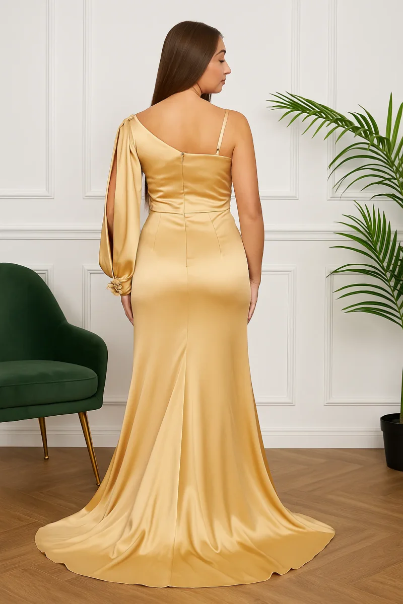 Robe longue satinée à une manche – Dorée – Image 4