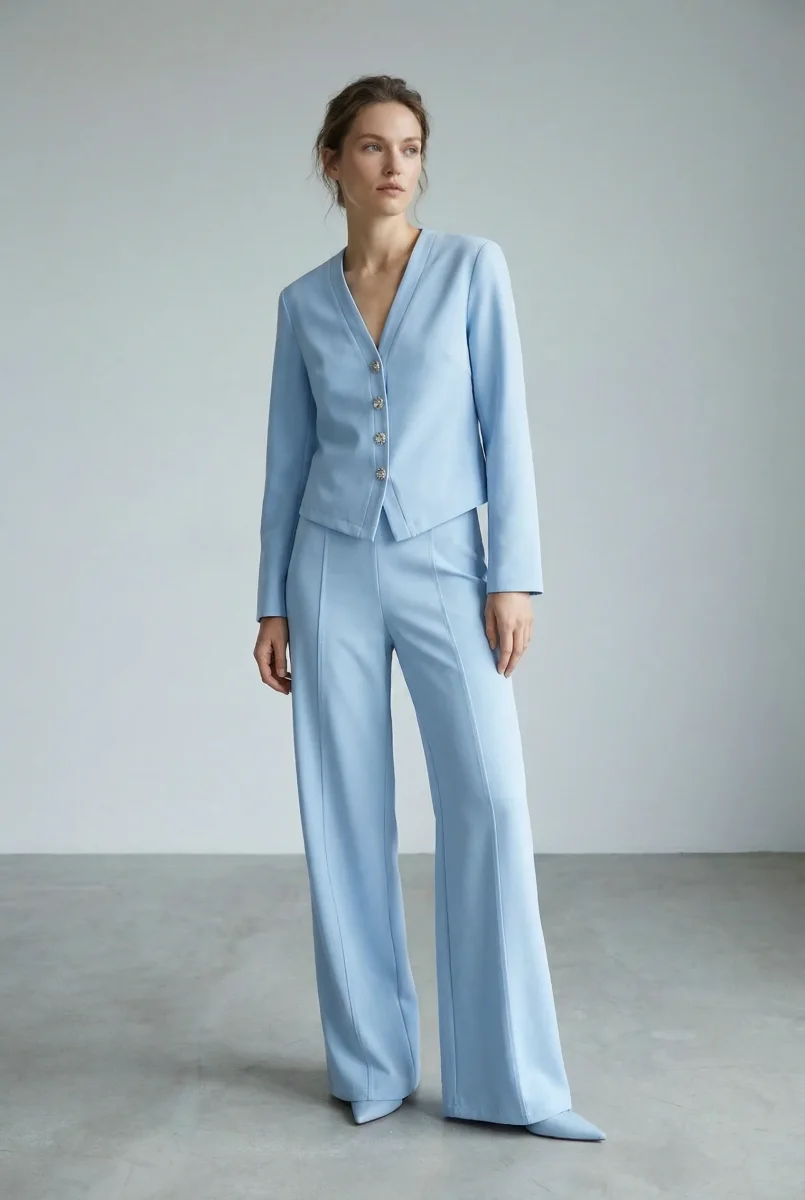 Ensemble deux pièces coton femme – Veste col V et pantalon confortable – Image 2