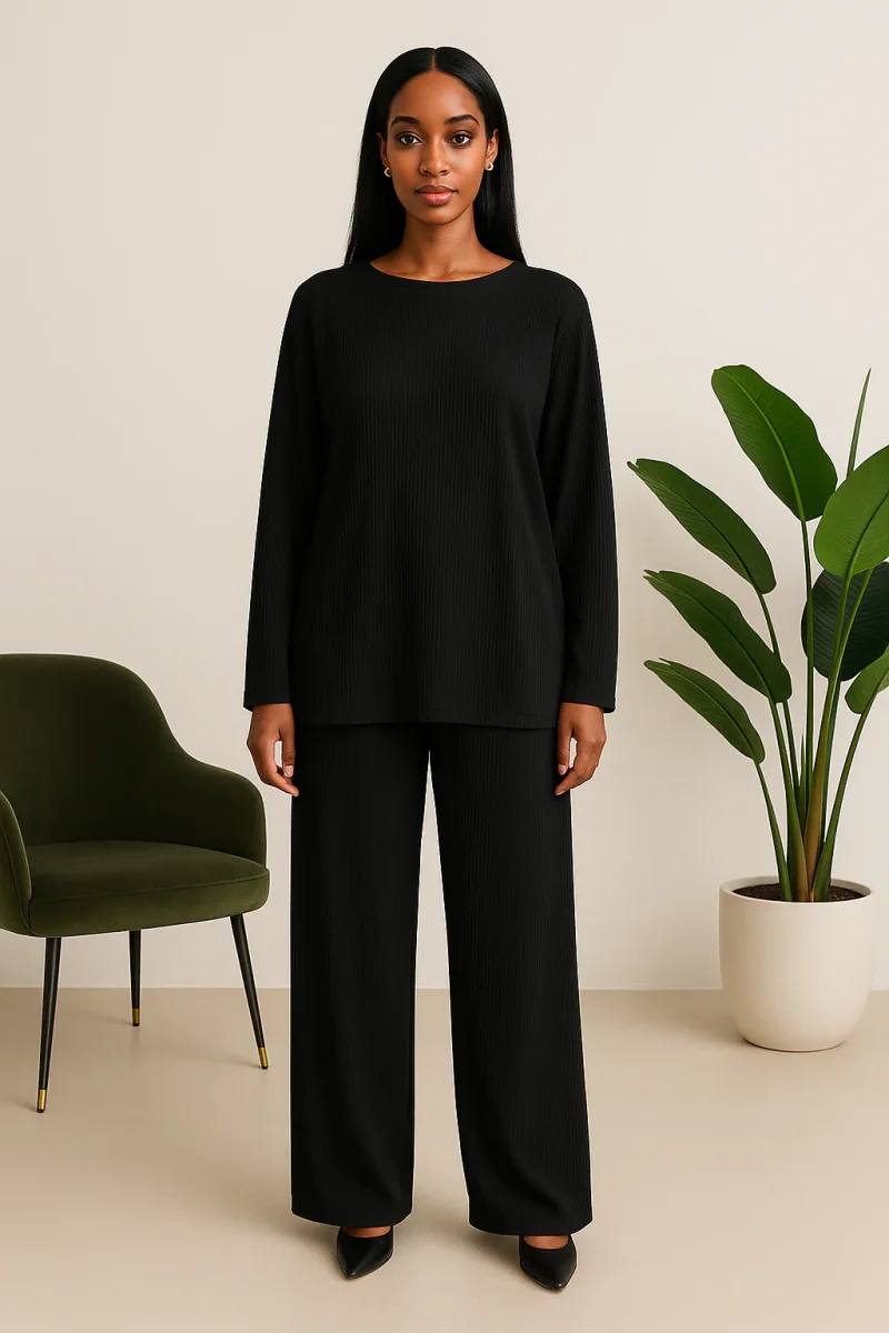 Hafsoit Mode – Ensemble large en maille côtelée – Vert olive ou Noir – Tenue chic & confort – Taille unique 38 à 48 – Image 5