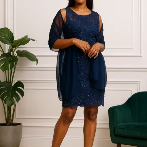 Robe de cocktail bleu marine avec châle – Dentelle perlée élégante