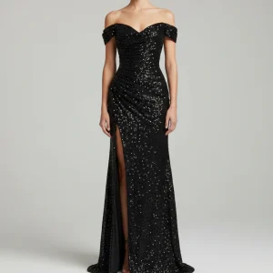 Élégante robe de soirée longue à paillettes et fente sur le côté