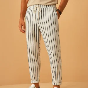 Pantalon rayé en lin homme coupe décontractée estivale