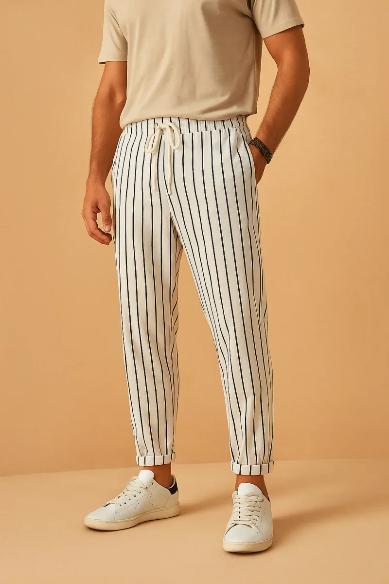 Pantalon rayé en lin homme coupe décontractée estivale – Image 2