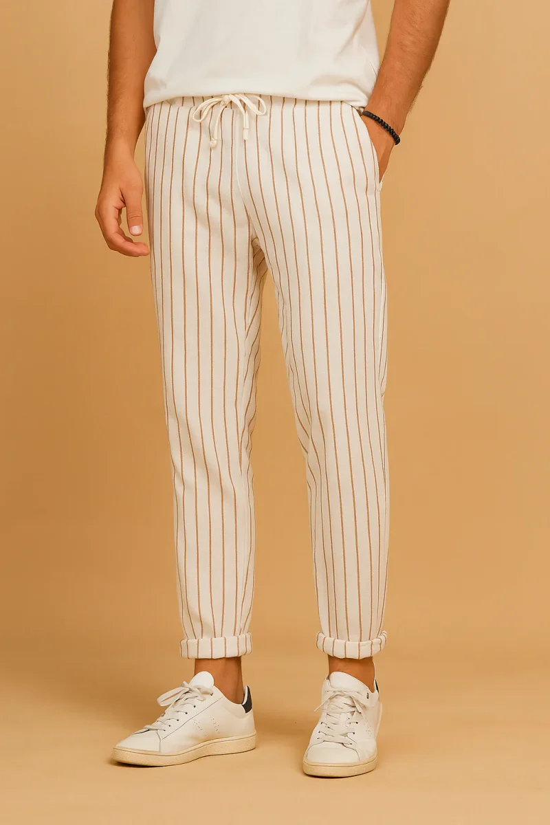 Pantalon rayé en lin homme coupe décontractée estivale – Image 3