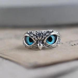 Bague Ajustable Hibou de Bonne Chance en Argent et Opale
