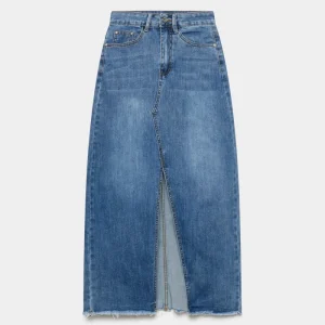 Jupe Midi en Jean Bleu avec Fente Frontale