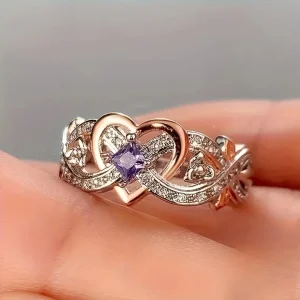 Bague en cœur en or et argent violet brillant