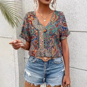 Blouse Bohème Femme en Coton Imprimé Paisley Coloré