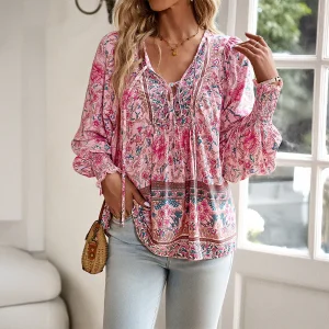 Blouse Bohème Femme en Coton à Motifs Floraux
